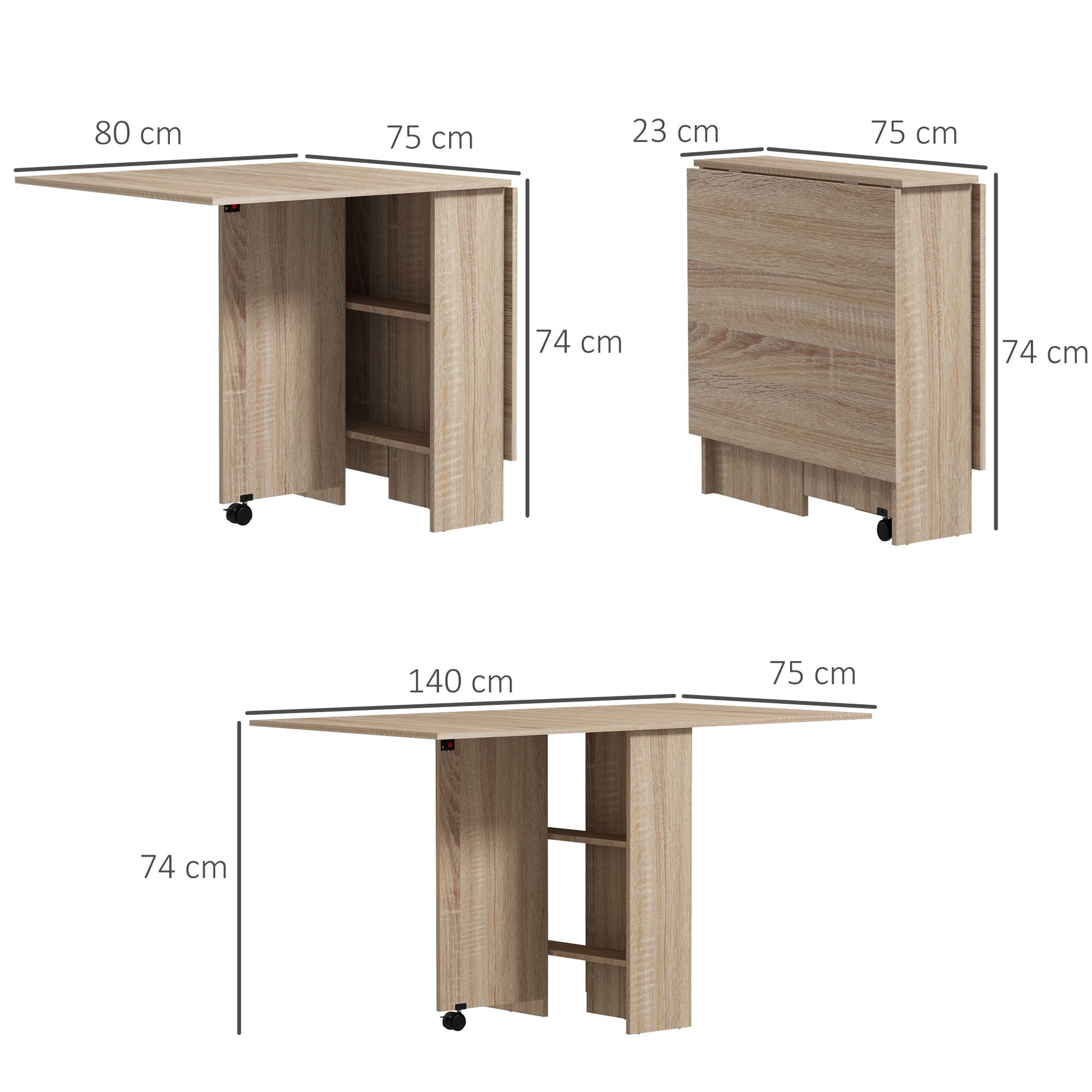 Mesa de Sala de Jantar Dobrável Mesa de Madeira com 2 Prateleiras de Armazenamento e Rodas para Cozinha 75x140x74 cm Madeira - A minha loja