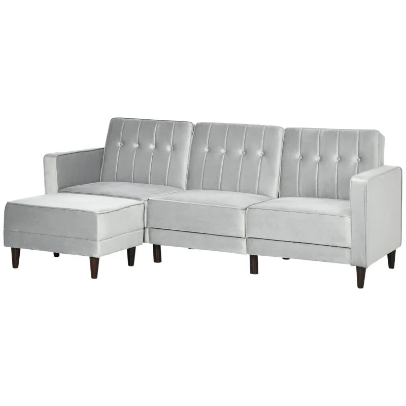 Sofá Cama com Chaise Longue de 3 Lugares Tato Aveludado com Encosto Ajustável e Apoio para os Pés Móvel 218x85x86cm Cinza