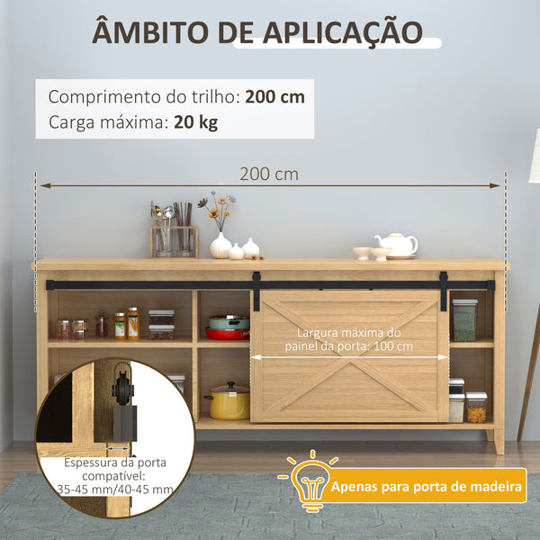 Ferragens para Porta Corredeira 200cm Kit de Acessórios para Porta Corredeira de Madeira com 2 Trilhos de Aço Carga Máxima 20 kg Preto