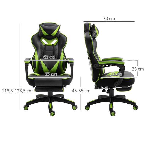Cadeira de escritorio gaming ergonômica Altura ajustável Reclinável Encosto com apoio para pés Encosto de cabeça Almofada lombar Rodas 65x70x118,5-126,5 cm Verde e Preto