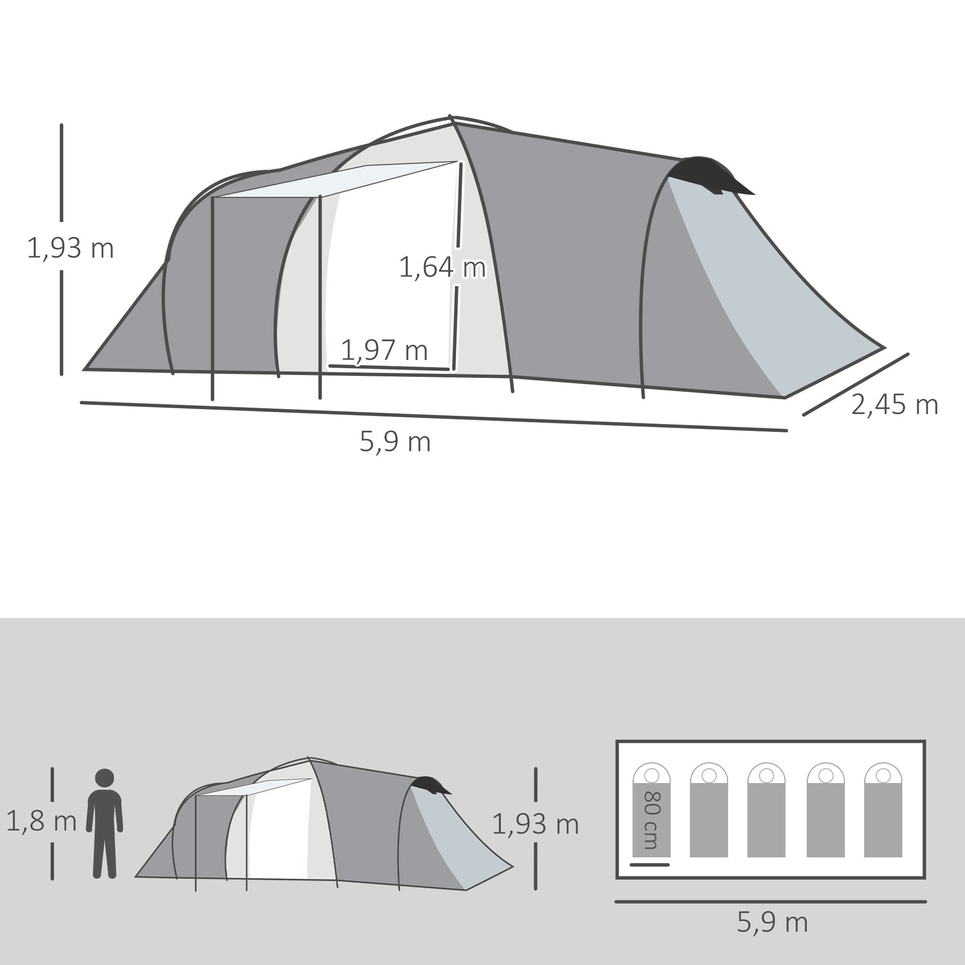 Tenda de Campismo Familiar – Tivoli – 4 a 6 Pessoas – 590x245x193 cm – Cinza – Impermeável e Anti-UV