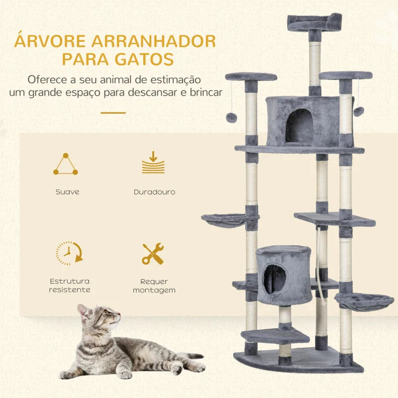 PawHut Árvore Arranhador para Gatos Grande 60x60x200cm com 2 Cavernas 2 Redes Cama Múltiplas Plataformas Postes Arranhadores de Sisal Natural e Bolas de Brinquedo Cinza