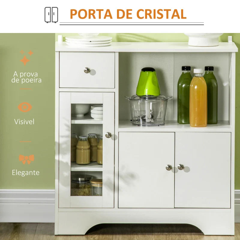 Aparador de Cozinha Moderno com Porta de Vidro Gaveta Prateleira Aberta e Prateleiras Ajustáveis Móvel Auxiliar de Armazenamento para Sala de Jantar Sala de Estar 80x30x82cm Branco