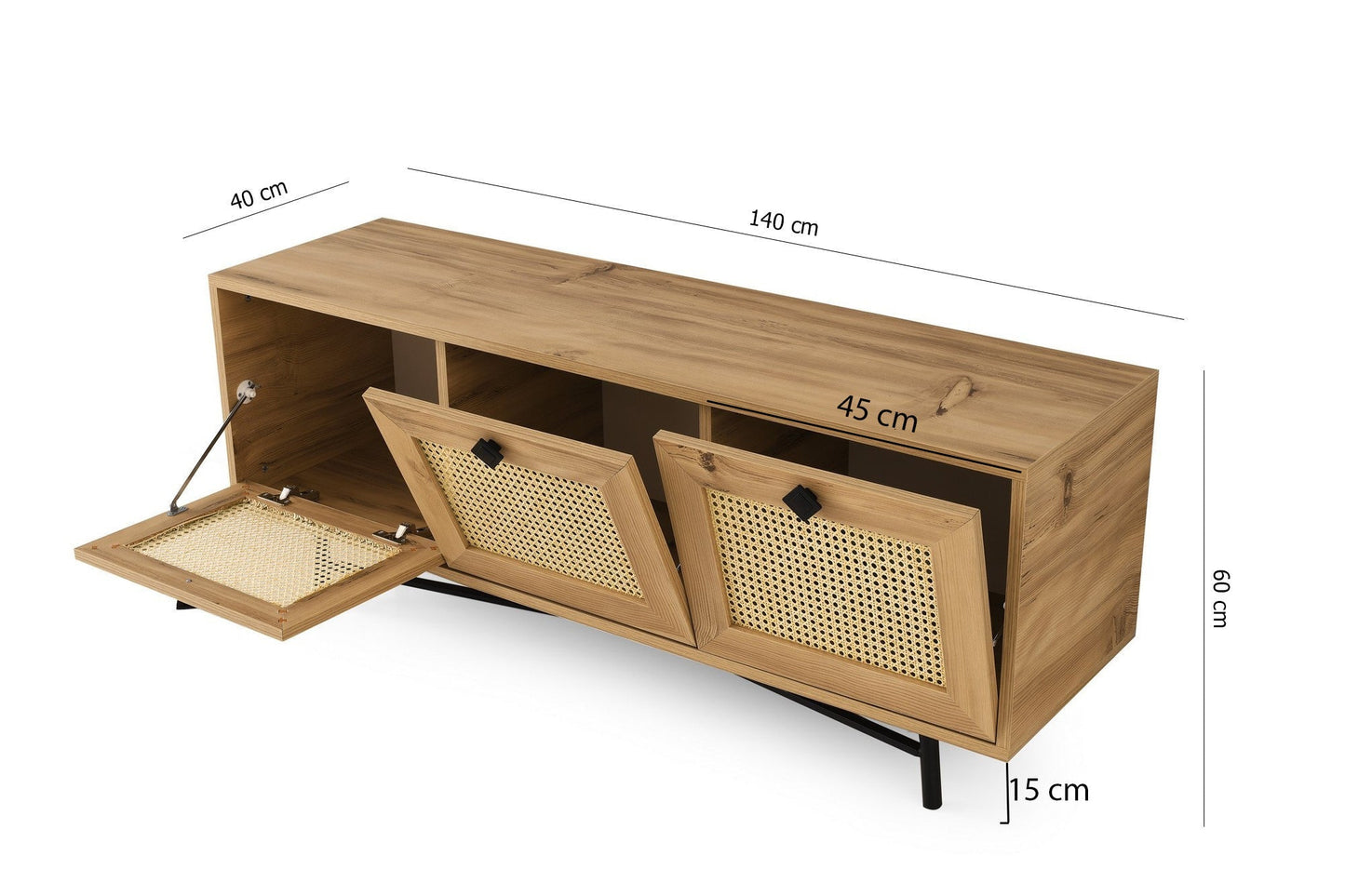 Móvel de TV "Bjorn" com 3 Portas - Carvalho Artesanal - Vime - 140x60x40 cm - Design Boémio - A minha loja