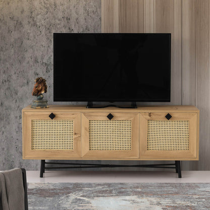 Móvel de TV "Bjorn" com 3 Portas - Carvalho Artesanal - Vime - 140x60x40 cm - Design Boémio - A minha loja