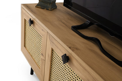 Móvel de TV "Bjorn" com 3 Portas - Carvalho Artesanal - Vime - 140x60x40 cm - Design Boémio - A minha loja