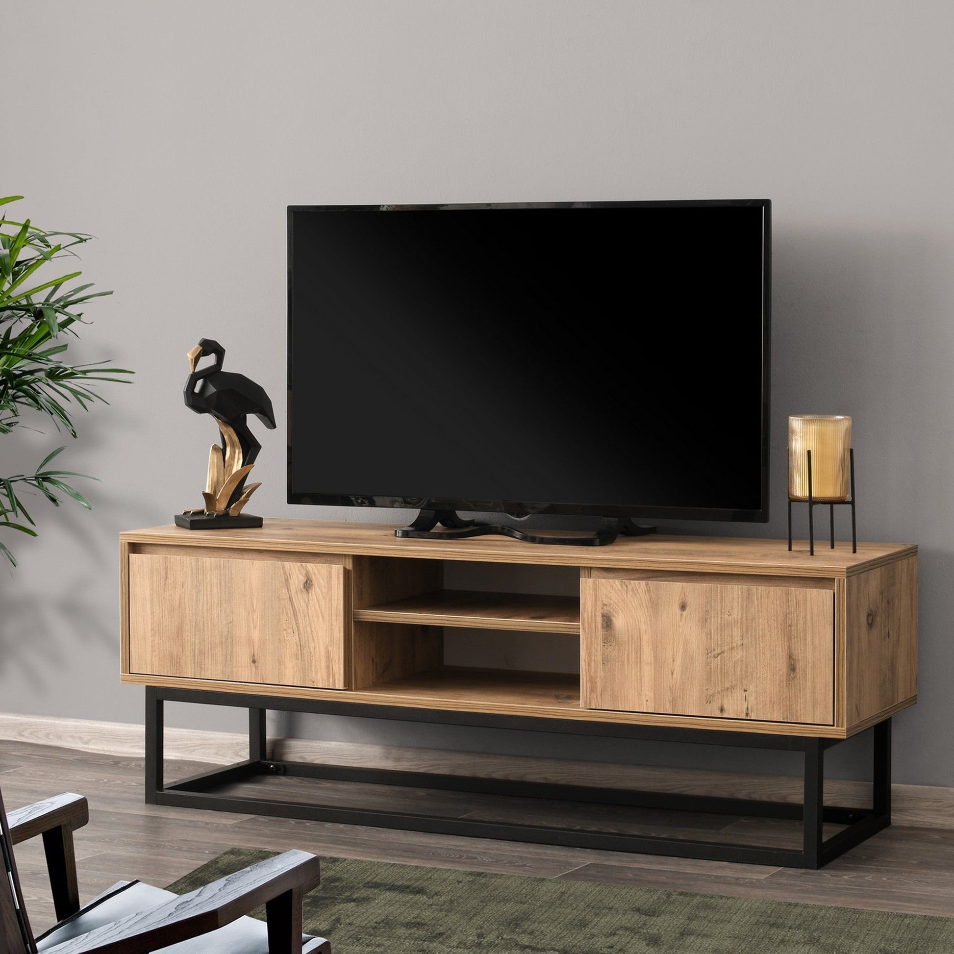 Móvel de TV "Einar" - Pinho e Preto - 140x50x40 cm - Com Prateleiras e Gavetas - Design Retro - A minha loja