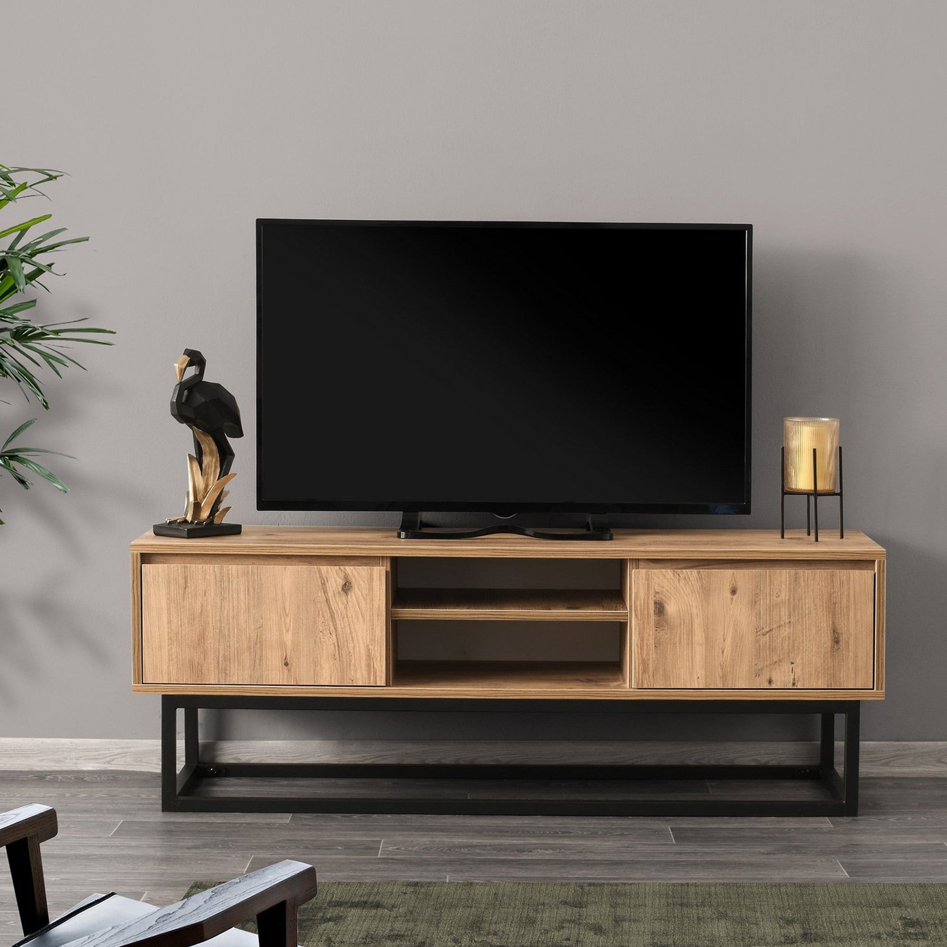 Móvel de TV "Einar" - Pinho e Preto - 140x50x40 cm - Com Prateleiras e Gavetas - Design Retro - A minha loja