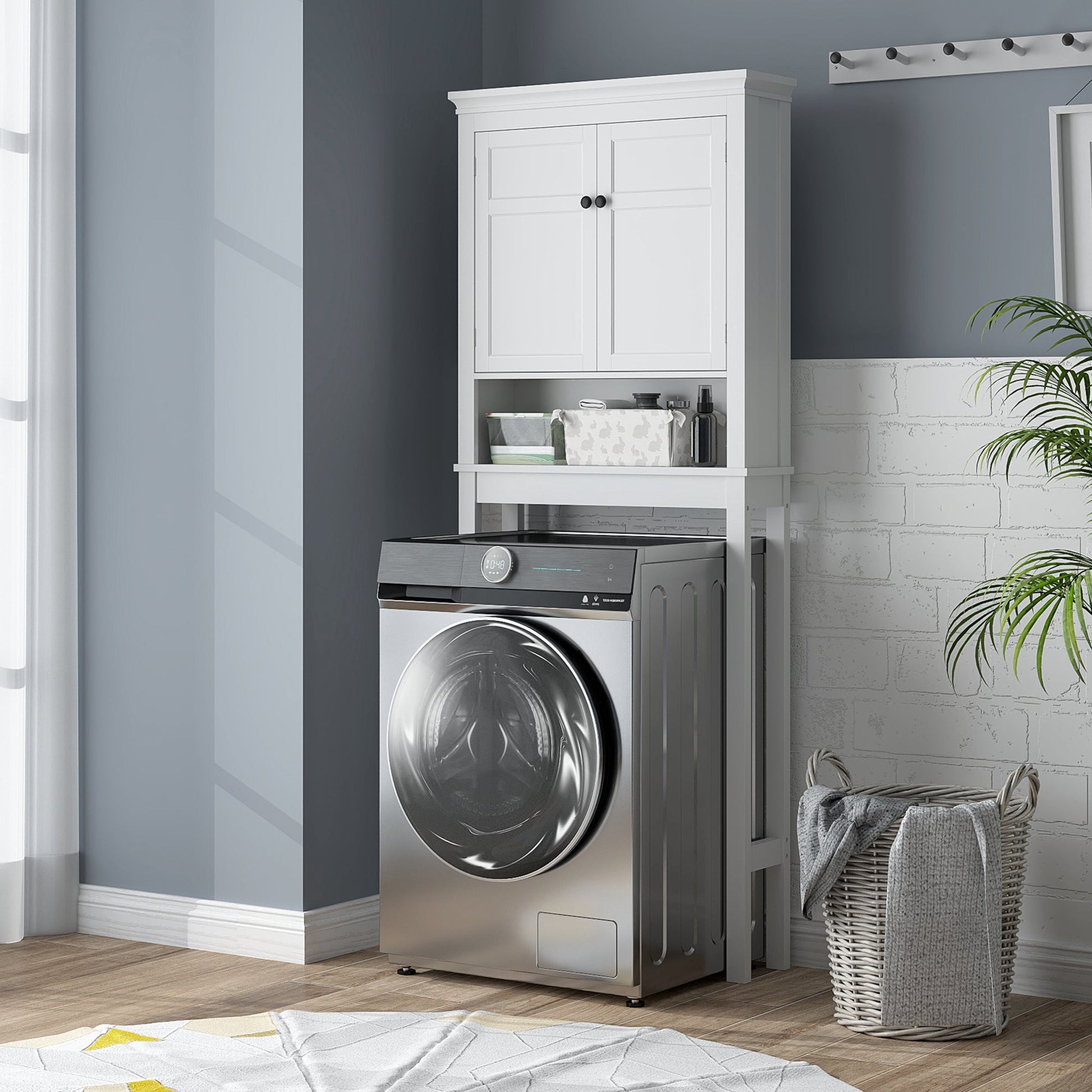 Móvel sobre Sanita Armário para Máquina de Lavar Roupa com 2 Portas Compartimento e Prateleira Ajustável Móvel para Casa de Banho 70x20x175 cm Branco - A minha loja
