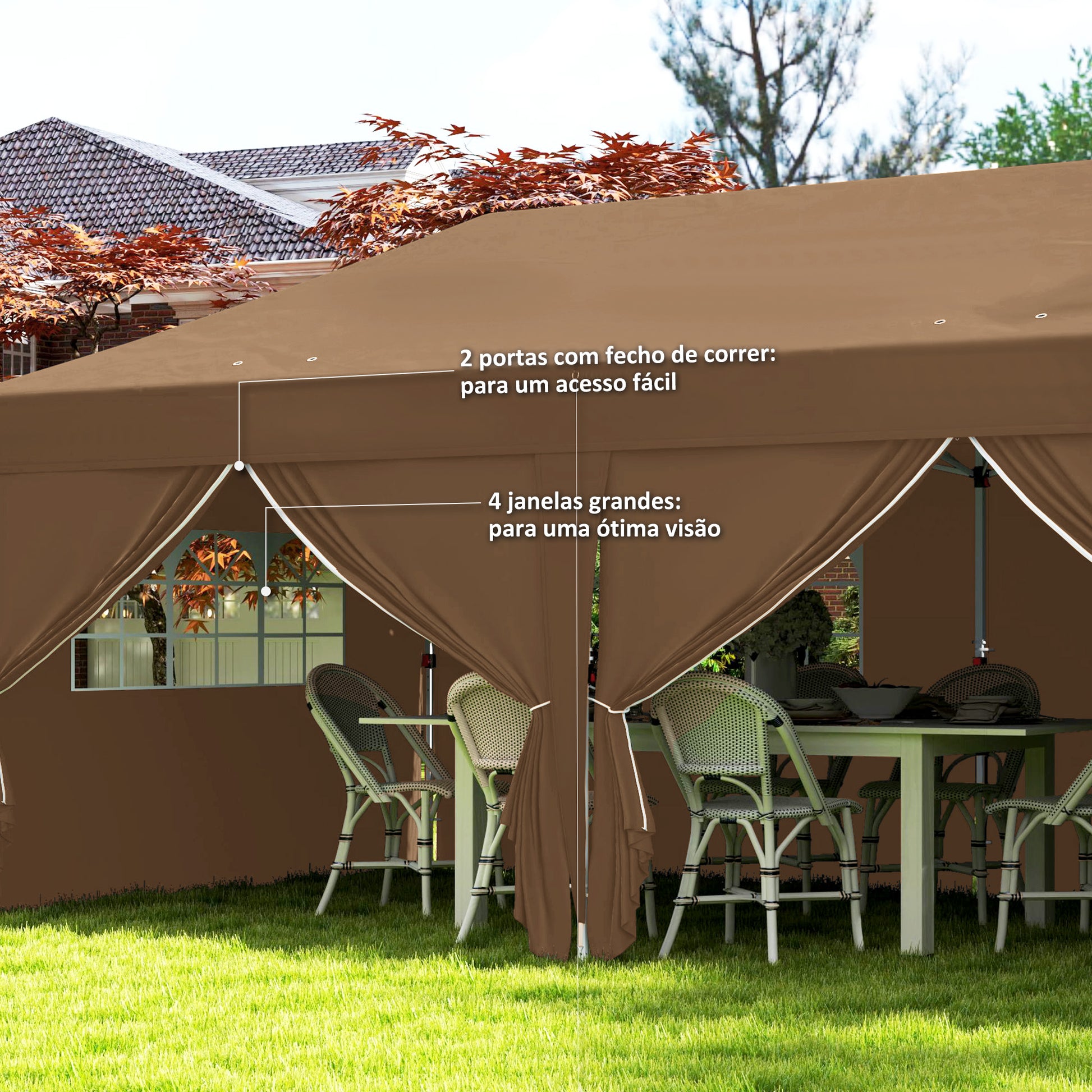Tenda Dobrável 5,90x2,95 m Tenda de Jardim com 6 Paredes Laterais Impermeável Anti-UV e Bolsa de Transporte Tenda para Campismo Festas Marrom