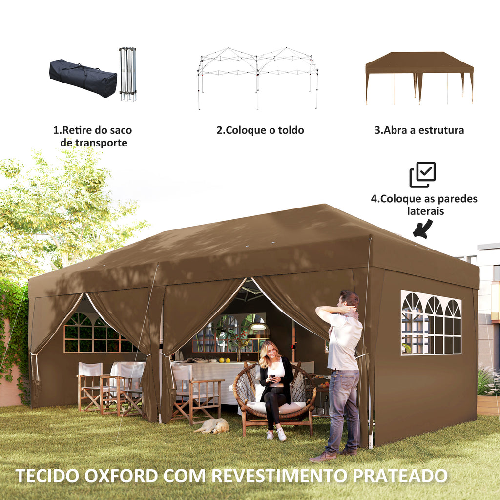 Tenda Dobrável 5,90x2,95 m Tenda de Jardim com 6 Paredes Laterais Impermeável Anti-UV e Bolsa de Transporte Tenda para Campismo Festas Marrom