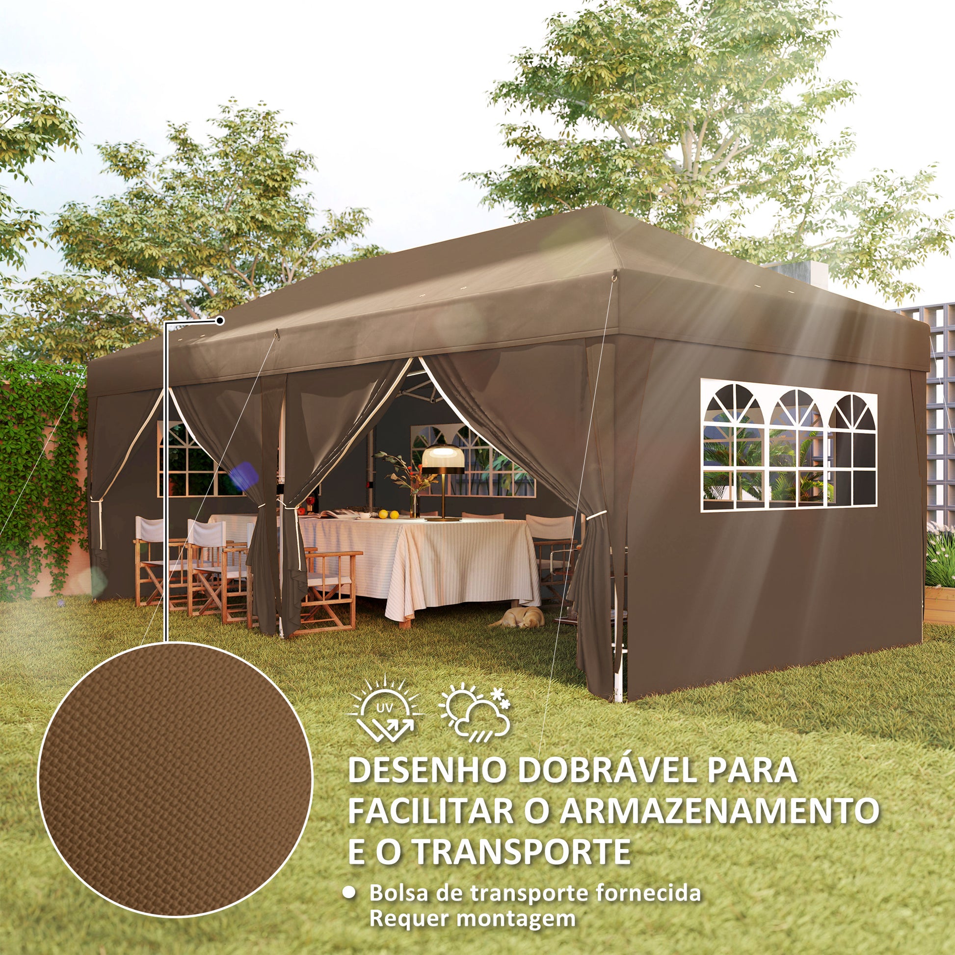 Tenda Dobrável 5,90x2,95 m Tenda de Jardim com 6 Paredes Laterais Impermeável Anti-UV e Bolsa de Transporte Tenda para Campismo Festas Marrom