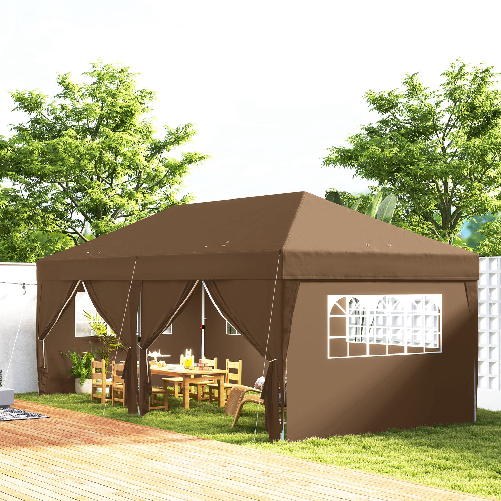 Tenda Dobrável 5,90x2,95 m Tenda de Jardim com 6 Paredes Laterais Impermeável Anti-UV e Bolsa de Transporte Tenda para Campismo Festas Marrom