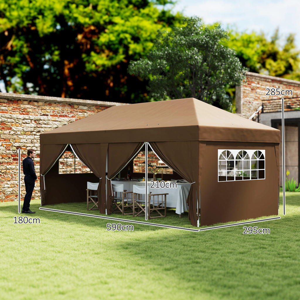 Tenda Dobrável 5,90x2,95 m Tenda de Jardim com 6 Paredes Laterais Impermeável Anti-UV e Bolsa de Transporte Tenda para Campismo Festas Marrom