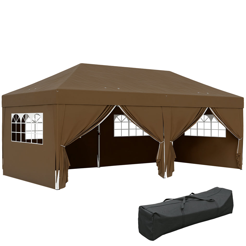 Tenda Dobrável 5,90x2,95 m Tenda de Jardim com 6 Paredes Laterais Impermeável Anti-UV e Bolsa de Transporte Tenda para Campismo Festas Marrom