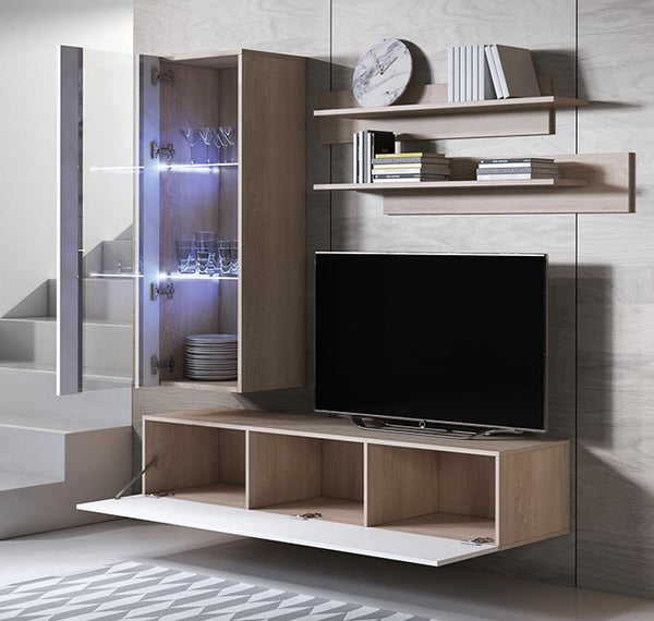 Conjunto de Móveis de Sala Samora – 1,6 m – Modular em Sonoma e Branco com Móvel TV, Vitrine e Estantes – Design Moderno