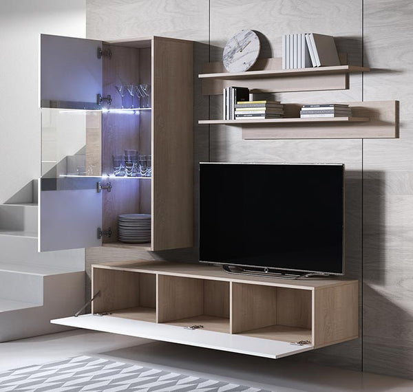 Conjunto de Móveis de Sala Pigeiros – 1,6 m – Modular em Sonoma e Branco com Móvel TV, Vitrine e Estantes – Design Moderno