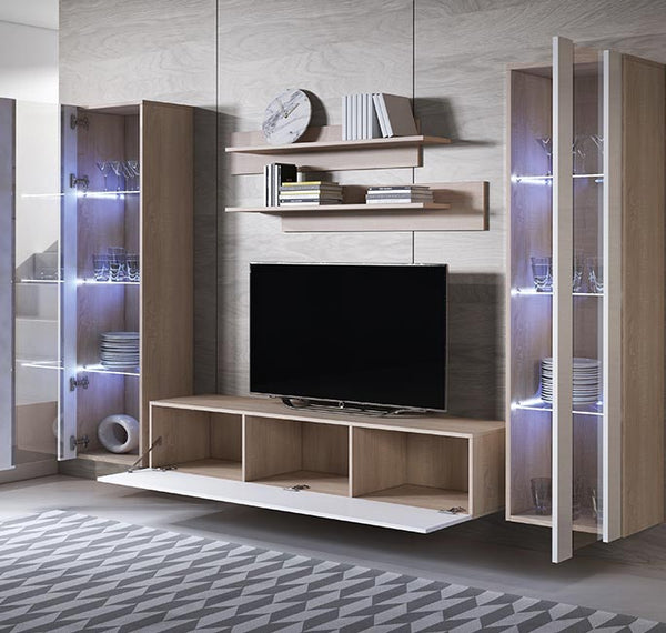Conjunto de Móveis de Sala Melres – 2,6 m – Modular em Sonoma e Branco com Móvel TV, Vitrines e Estantes – Design Moderno