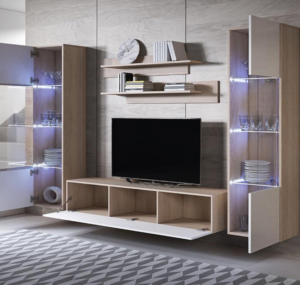 Conjunto de Móveis de Sala Murtosa – 2,6 m – Modular em Sonoma e Branco com Móvel TV, Vitrines e Estantes – Design Moderno
