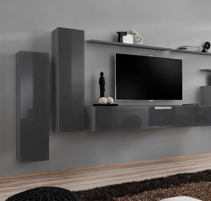 Armário Suspenso Paçô – 30x120 cm – Cinzento com Porta Alto Brilho e Cantos Arredondados
