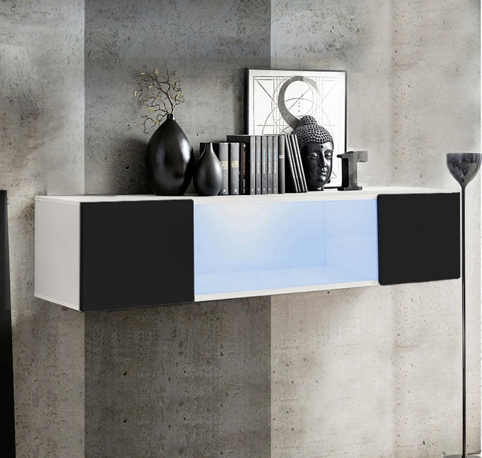 Armário Suspenso Anta – 160x30 cm – Branco e Preto com Porta Alto Brilho, LED e Montagem Reversível