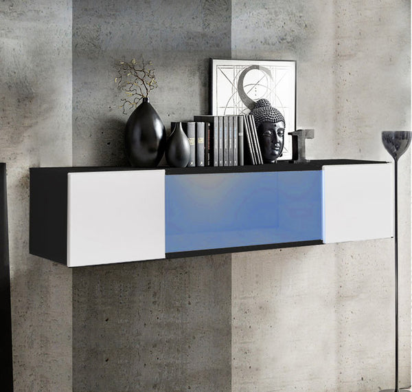 Armário Suspenso Guilhufe – 160x30 cm – Branco e Preto com Porta Alto Brilho, LED e Abertura Reversível
