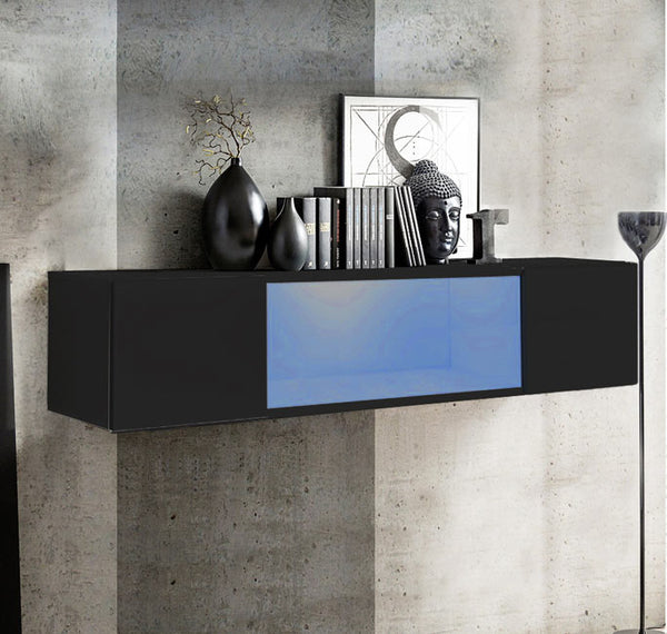 Armário Suspenso Fiães do Rio – 160x30 cm – Preto com Porta Alto Brilho, LED e Abertura Reversível