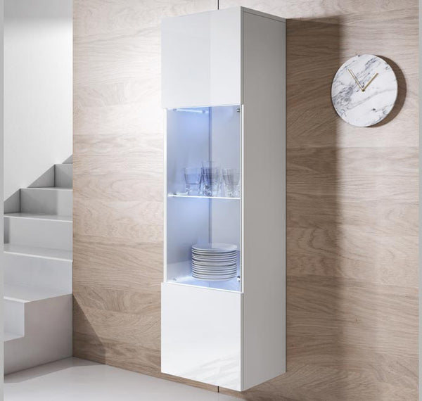Vitrine Suspensa Rialba – Branco – 40x29x165 cm – Com LED Azul e Prateleiras em Vidro