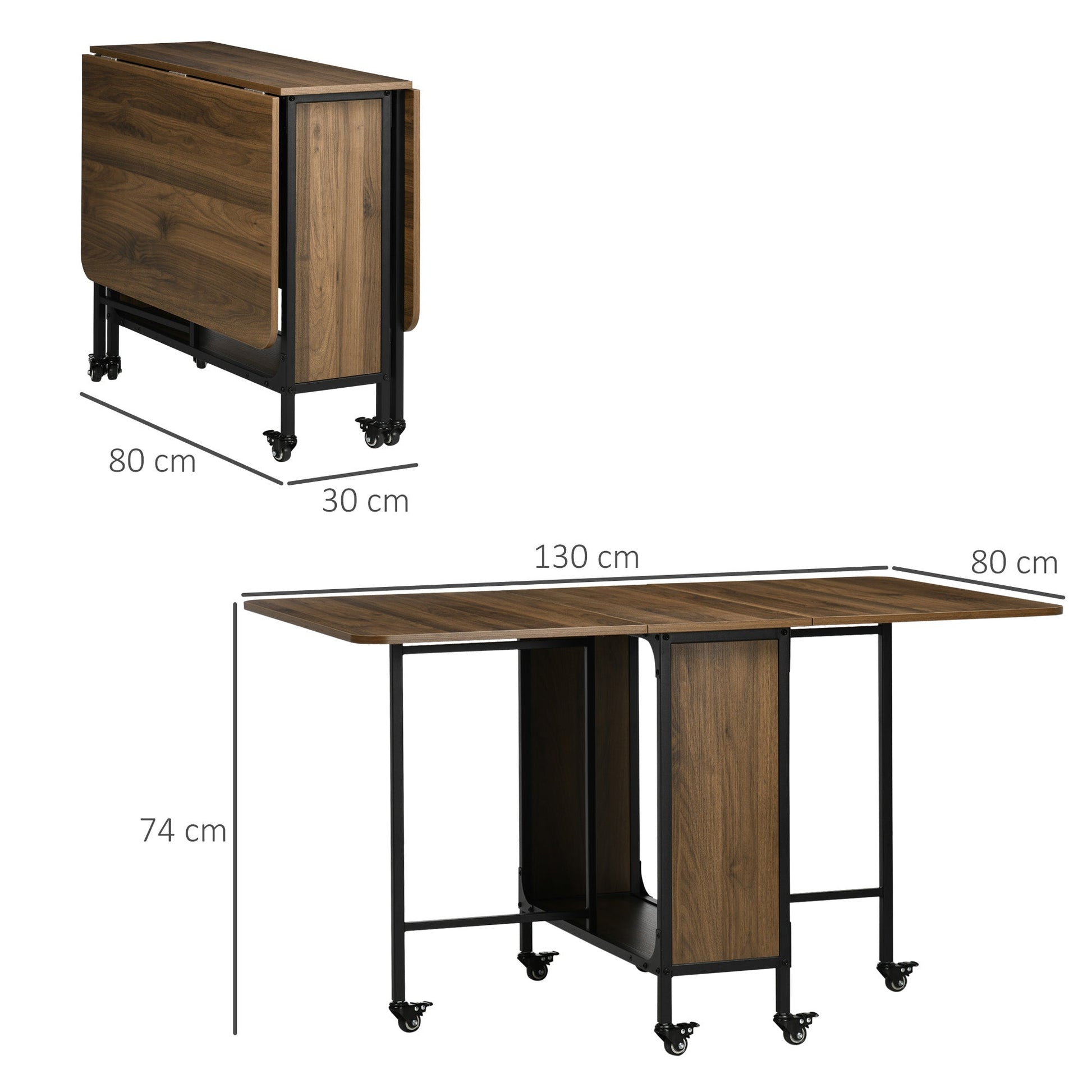 HOMOM Mesa de Cozinha Dobrável Mesa de Refeição Dobrável com Rodas Laterais Abatíveis e Prateleira Mesa Dobrável para Sala de Jantar 130x80x74 cm Marrom