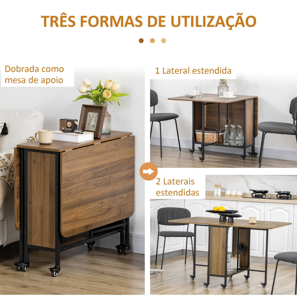 HOMOM Mesa de Cozinha Dobrável Mesa de Refeição Dobrável com Rodas Laterais Abatíveis e Prateleira Mesa Dobrável para Sala de Jantar 130x80x74 cm Marrom