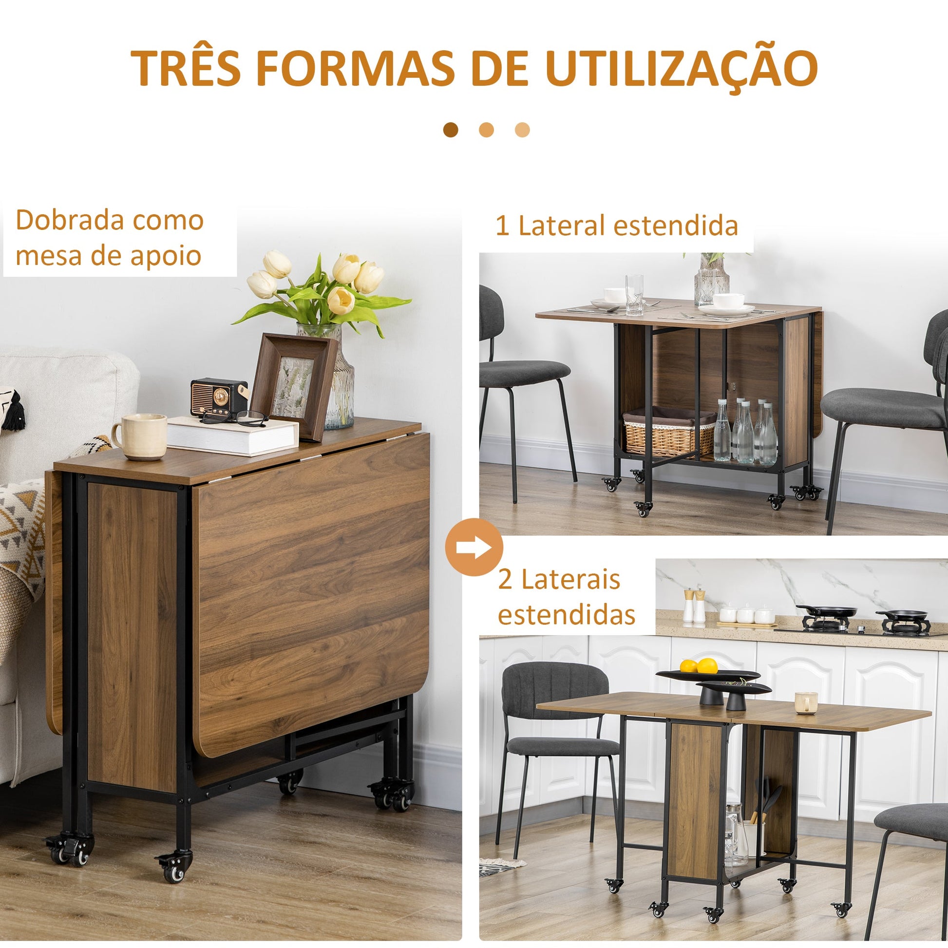 HOMOM Mesa de Cozinha Dobrável Mesa de Refeição Dobrável com Rodas Laterais Abatíveis e Prateleira Mesa Dobrável para Sala de Jantar 130x80x74 cm Marrom