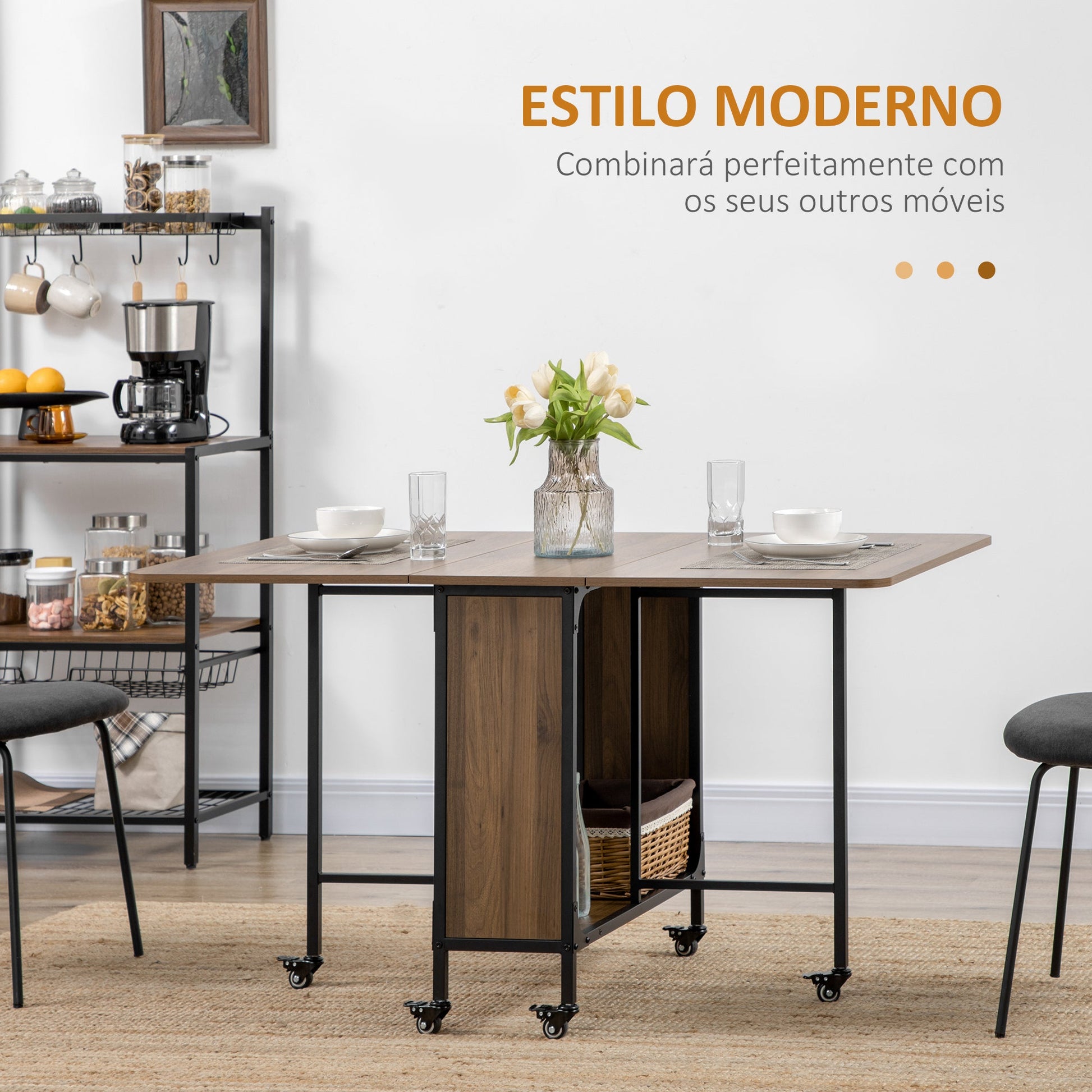 HOMOM Mesa de Cozinha Dobrável Mesa de Refeição Dobrável com Rodas Laterais Abatíveis e Prateleira Mesa Dobrável para Sala de Jantar 130x80x74 cm Marrom