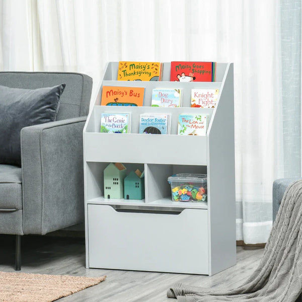 Estante de Brinquedos com 3 Compartimentos 2 Prateleiras e Gaveta Móvel com 4 Rodas Estante para Livros Infantil para Dormitório Infantil Sala de Jogos 60x29,9x90cm Cinza
