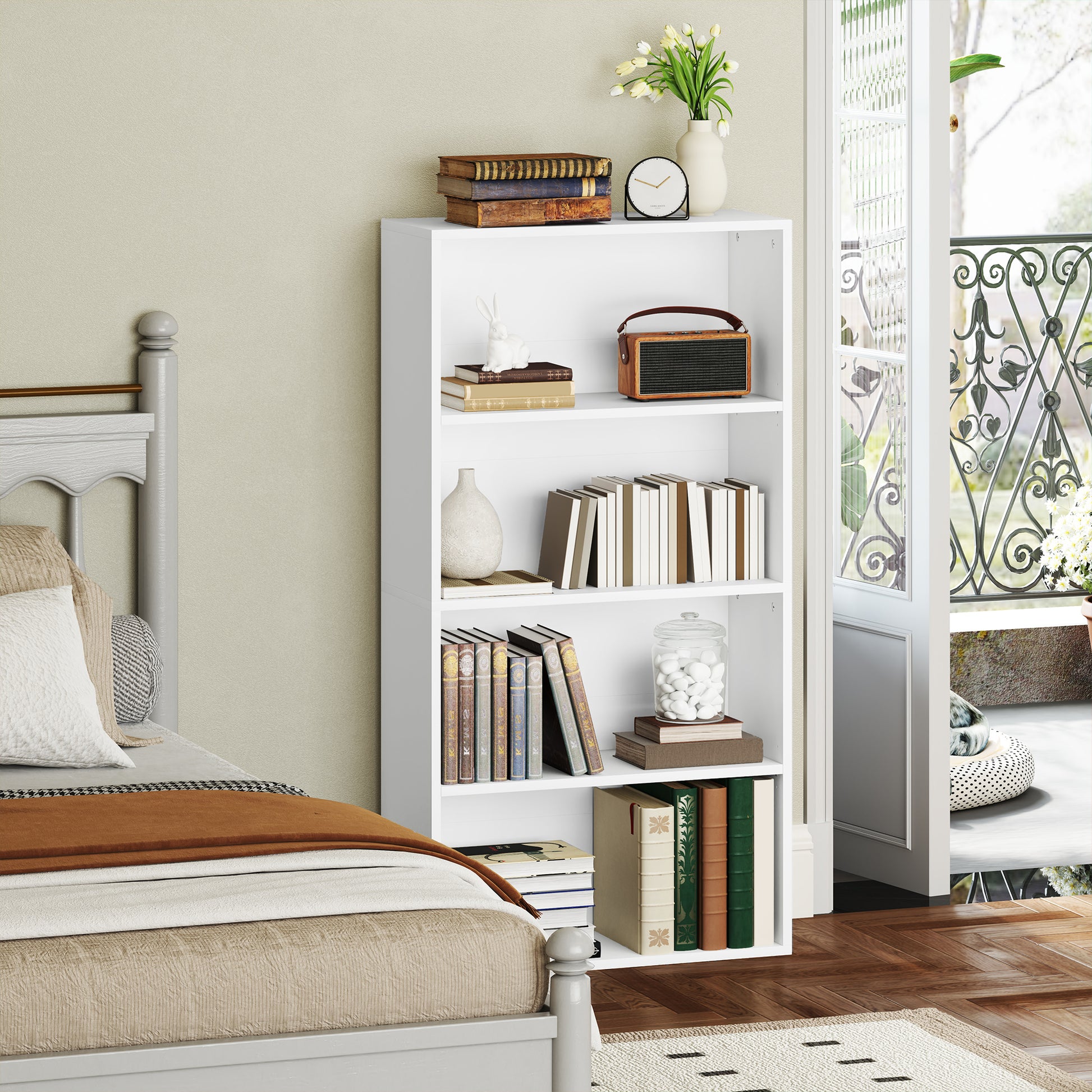 Estante de 4 Níveis Estante para Livros com 2 Prateleiras Ajustáveis para Sala de Estar Escritório Quarto 60x24x115,5 cm Branco