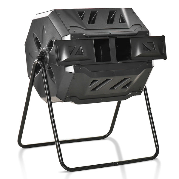 Compostor Giratório com Capacidade 160L de Dupla Câmera e Ventilação Estrutura de Aço para Resíduos Orgânicos de Jardim 71x64x92cm Preto