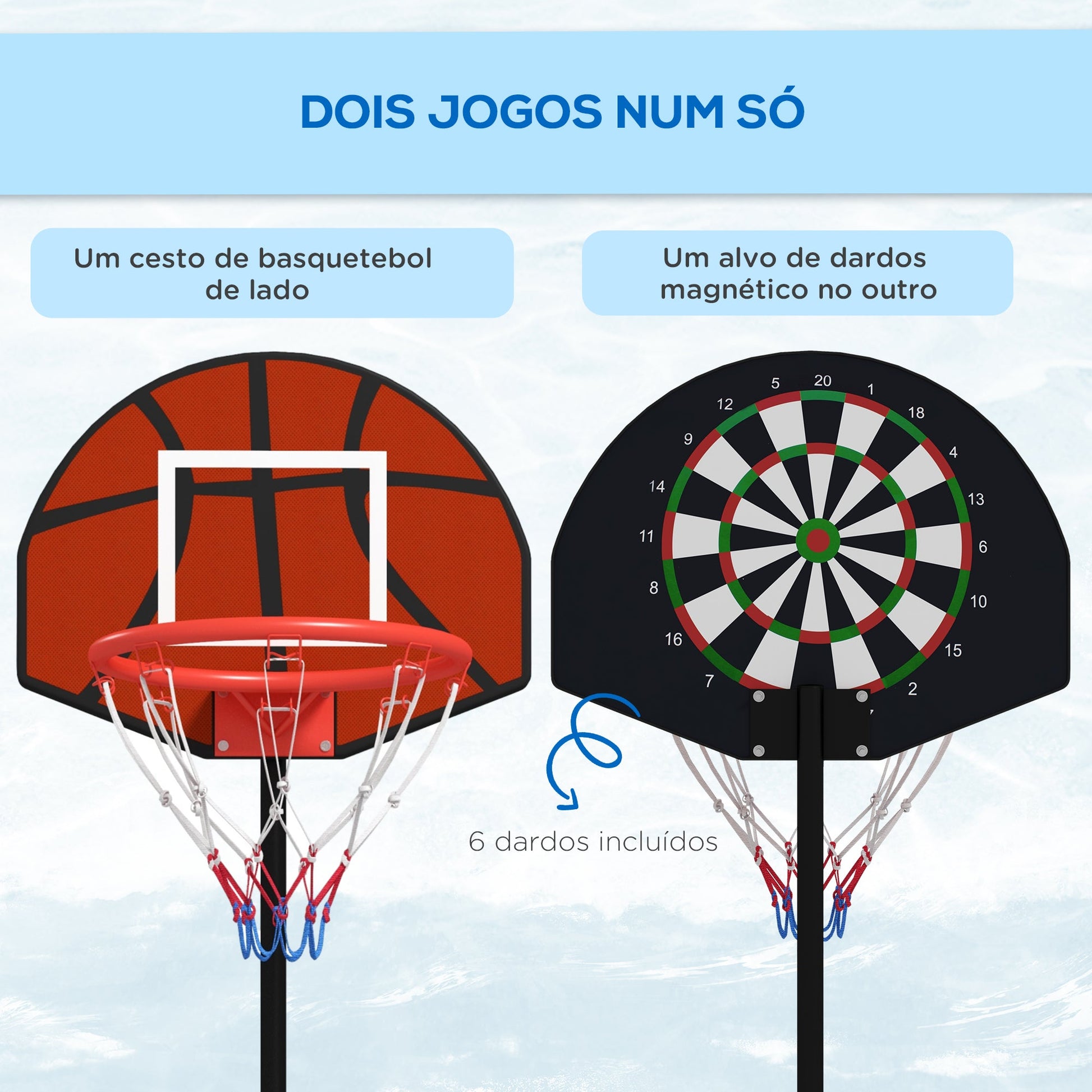 SPORTNOW Tabela de Basquetebol com Altura Ajustável 129-179 cm Aro de Basquetebol com Alvo Magnético e Dardos Base Reenchível Ø38x129-179 cm Preto