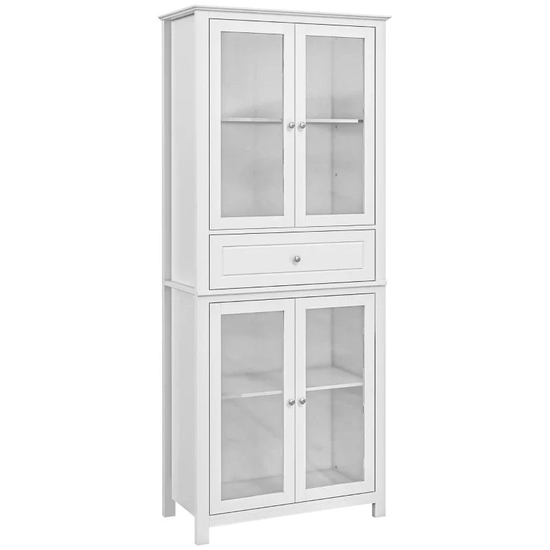 Armário de Cozinha Móvel Auxiliar com 4 Portas de Vidro Temperado Gaveta e Prateleiras Ajustáveis para Sala de Estar Sala de Jantar 74x35,5x181,5 cm Branco
