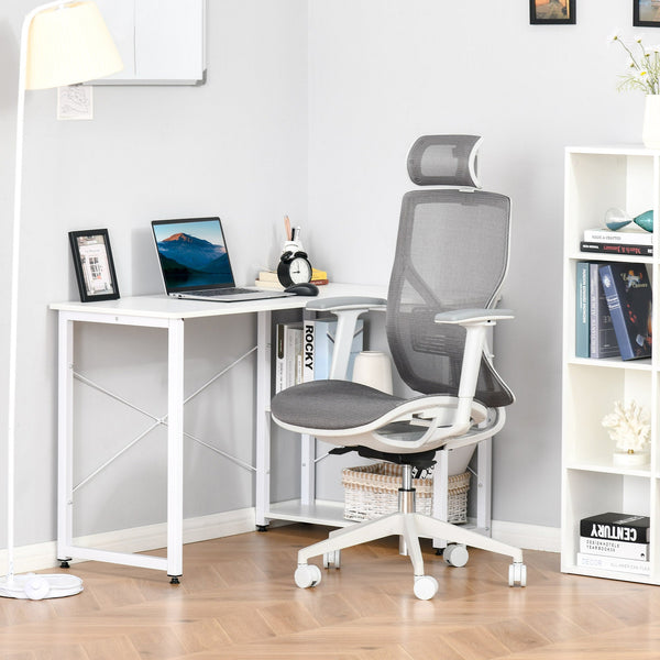 Cadeira de Escritório Giratória Cadeira de Escritório com Altura Ajustável Apoio para os Braços Apoio para a Cabeça e Suporte Lombar Reguláveis Encosto Alto 67x65x120-128cm Cinza