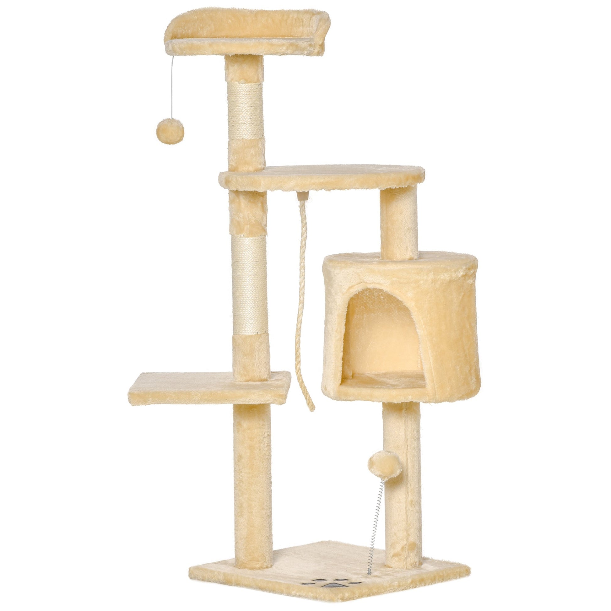 PawHut Arranhador para Gatos Grande Arranhador para Gatos com Plataformas Caverna Cama e Bolas Suspensa 40x40x114 cm Bege