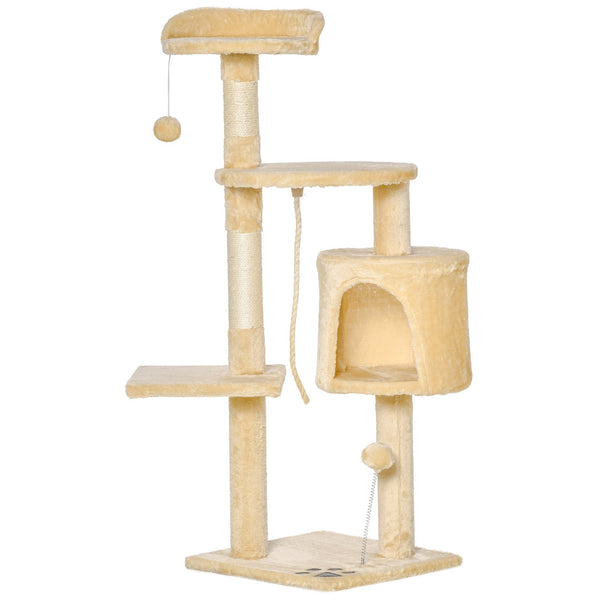 PawHut Arranhador para Gatos Grande Arranhador para Gatos com Plataformas Caverna Cama e Bolas Suspensa 40x40x114 cm Bege