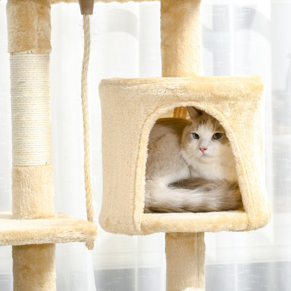 PawHut Arranhador para Gatos Grande Arranhador para Gatos com Plataformas Caverna Cama e Bolas Suspensa 40x40x114 cm Bege