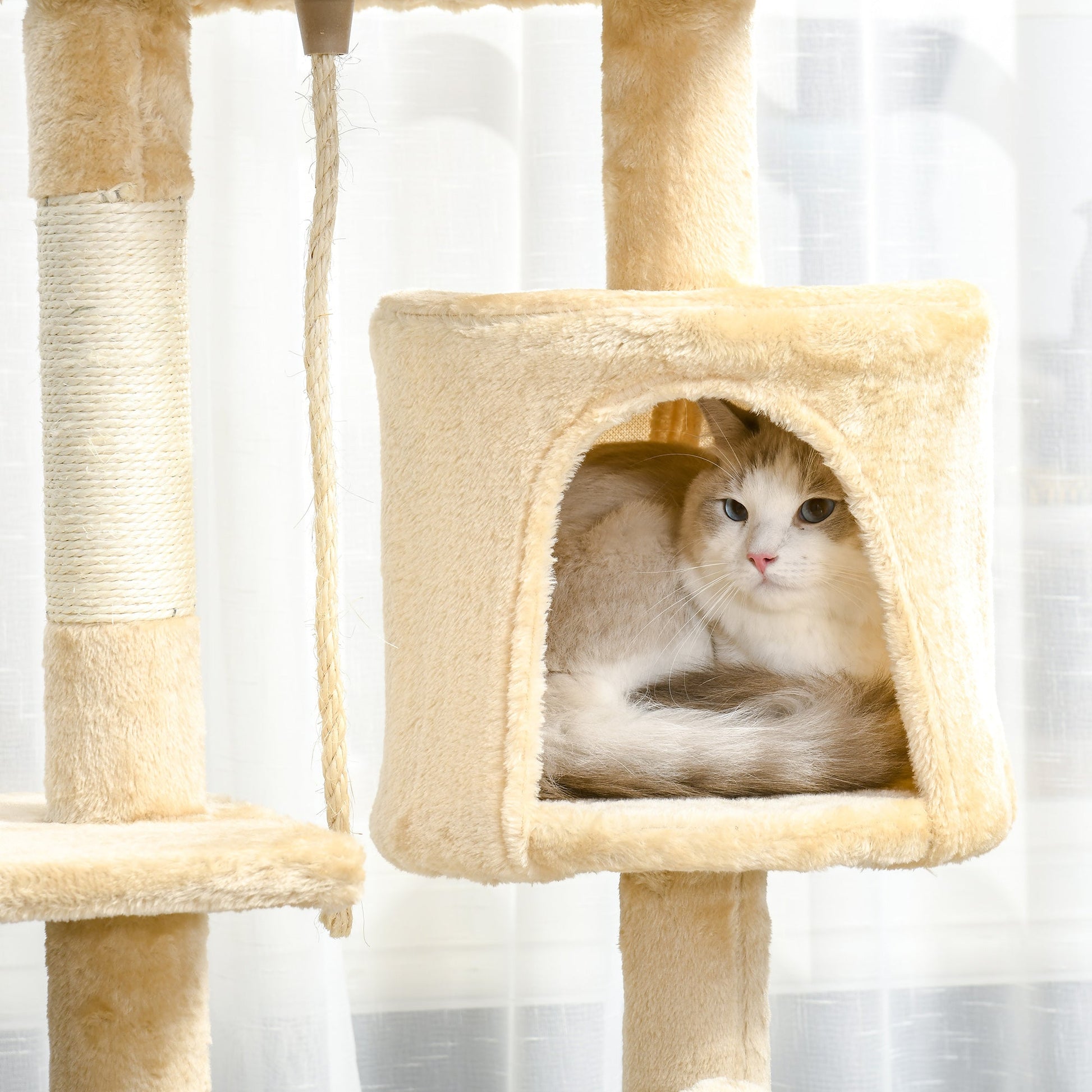 PawHut Arranhador para Gatos Grande Arranhador para Gatos com Plataformas Caverna Cama e Bolas Suspensa 40x40x114 cm Bege