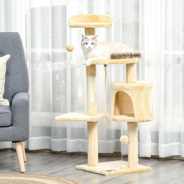 PawHut Arranhador para Gatos Grande Arranhador para Gatos com Plataformas Caverna Cama e Bolas Suspensa 40x40x114 cm Bege