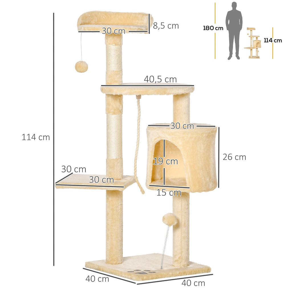 PawHut Arranhador para Gatos Grande Arranhador para Gatos com Plataformas Caverna Cama e Bolas Suspensa 40x40x114 cm Bege