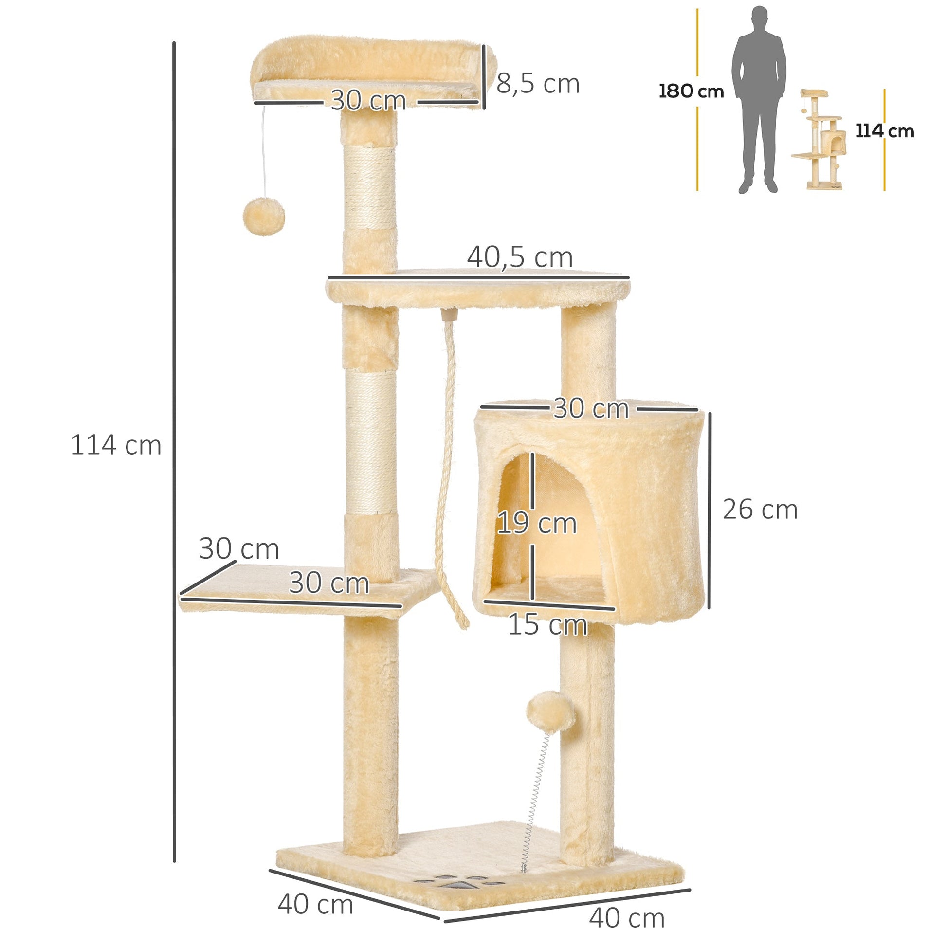 PawHut Arranhador para Gatos Grande Arranhador para Gatos com Plataformas Caverna Cama e Bolas Suspensa 40x40x114 cm Bege