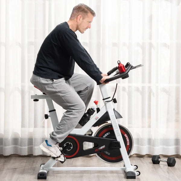 Bicicleta estática com tela LCD Sela ajustável Volante 8 kg Carga 100 kg 103x53x100-114 cm Branco