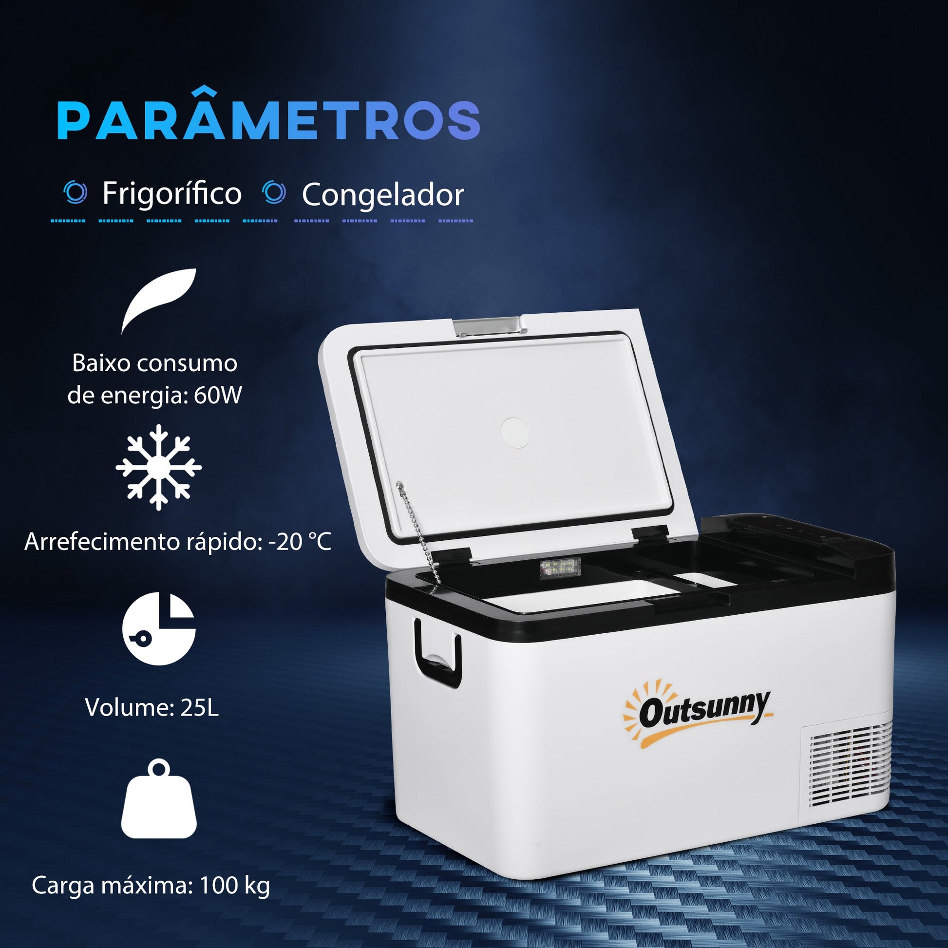 Geleira Elétrica de Compressor 25L Portátil até -20℃ com Luz LED e Alças Dobráveis Geleira de Carro 12V/24V e 240V para Casa Campismo Viagem 58,5x33,5x35,2cm Branco