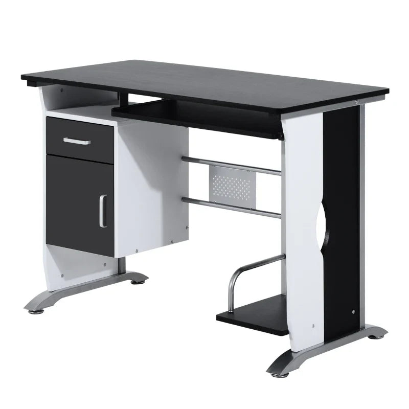 Mesa para Computador com Gaveta Armário e Suporte para CPU Secretária para Escritório Estúdio Dormitório 100x52x75cm Preto e Branco