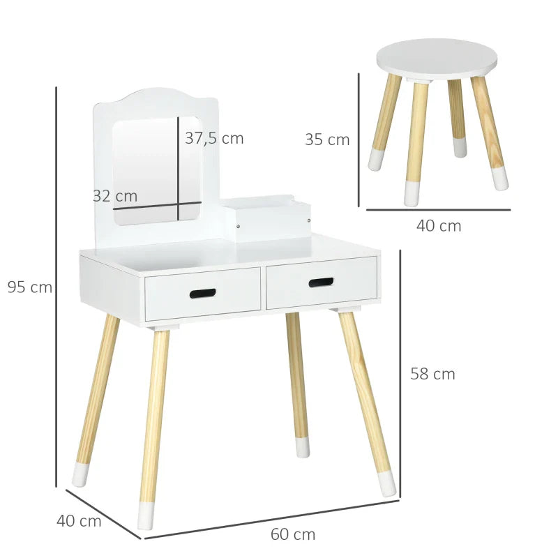 Toucador Infantil Toucador de Madeira Infantil com Banco Espelho e 2 Gavetas Brinquedo Educativo para Crianças de 3-6 Anos 60x40x95cm Branco