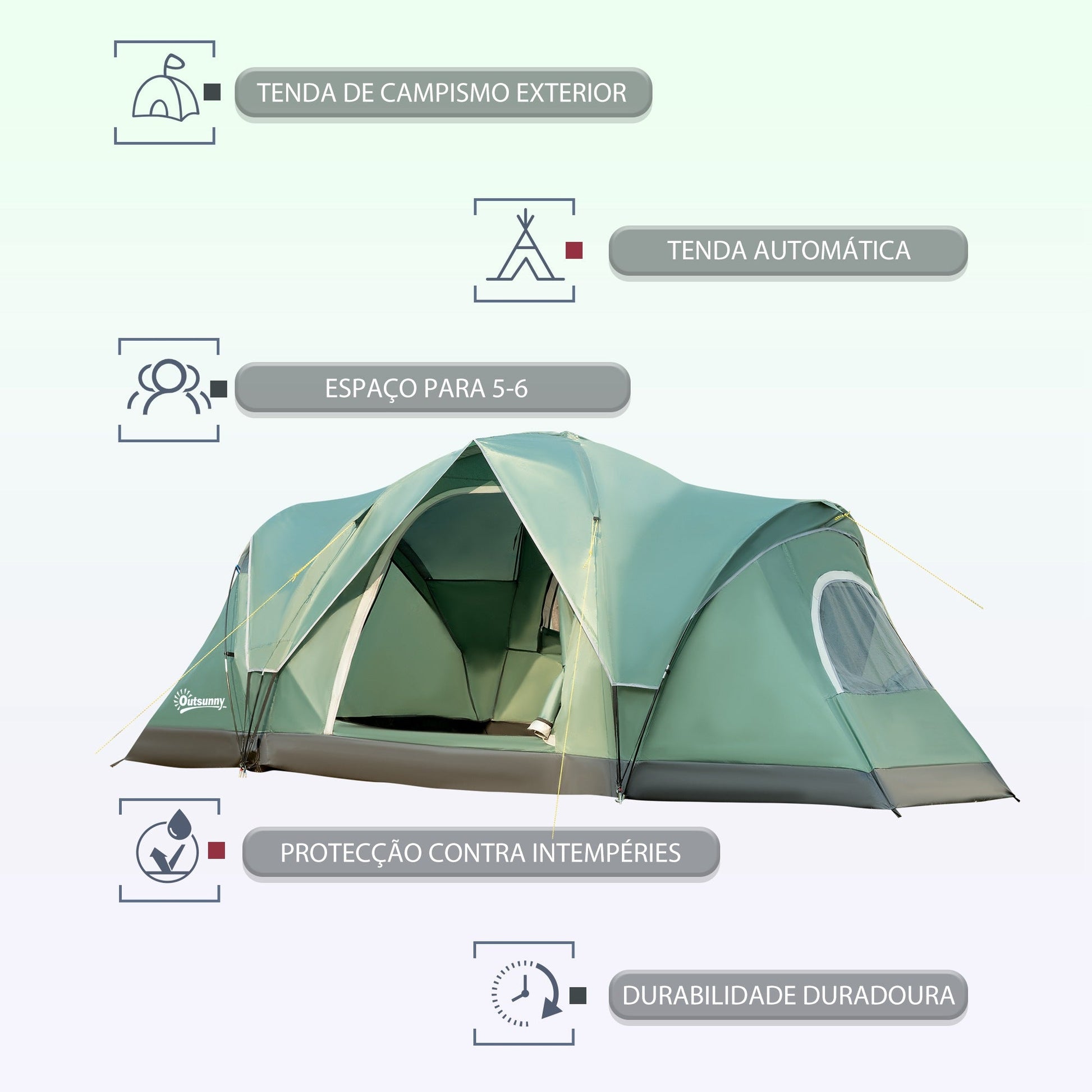 Tenda de Campismo para 4-5 Pessoas Impermeável 3000mm+ Anti UV com Bolsa de Transporte e Gancho para Luz 455x230x180cm Verde